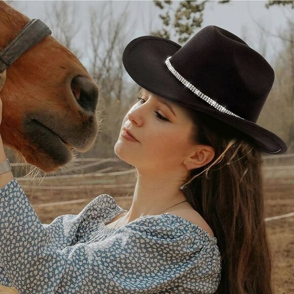 ☔️🩵Black & Rhinestone Band Wide Brim Cowgirl Hat Medium - Picture 2 of 15